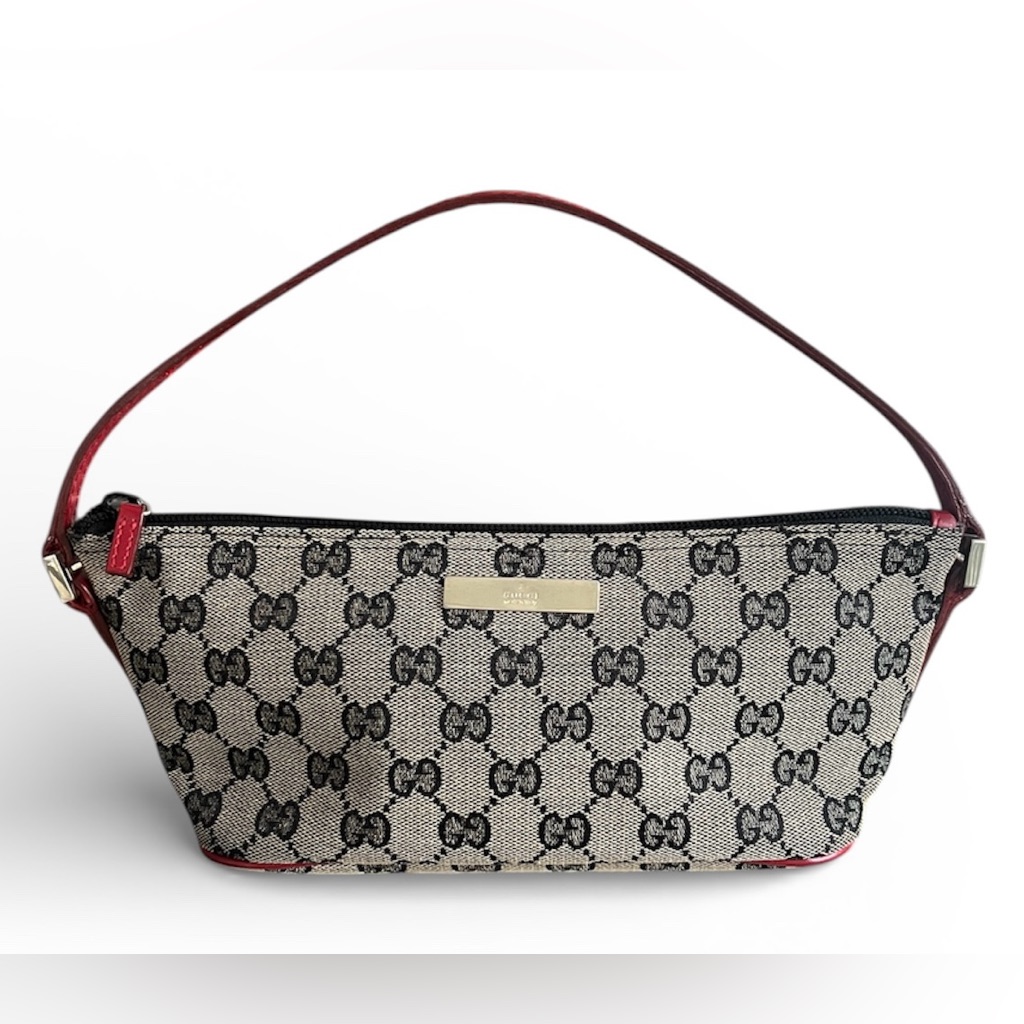 Gucci Gg Canvas Boat Bag / Vintage / Pochette / Red Leather